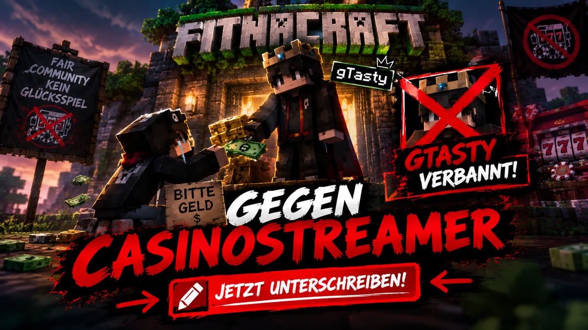 Kampagnenbild: Gegen Casinostreamer bei Fitnacraft. Fair Community, kein Glücksspiel. Jetzt unterschreiben!